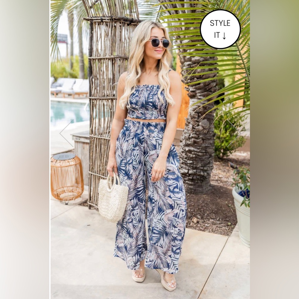 Pink Lily Our Love Connection Navy Tropical Crop Top and Pants